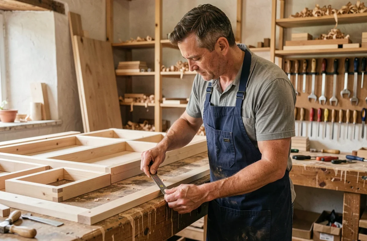Artisan menuisier d'ACG Agencements Cyril Guillotel mesurant des panneaux de cuisine sur mesure dans son atelier breton