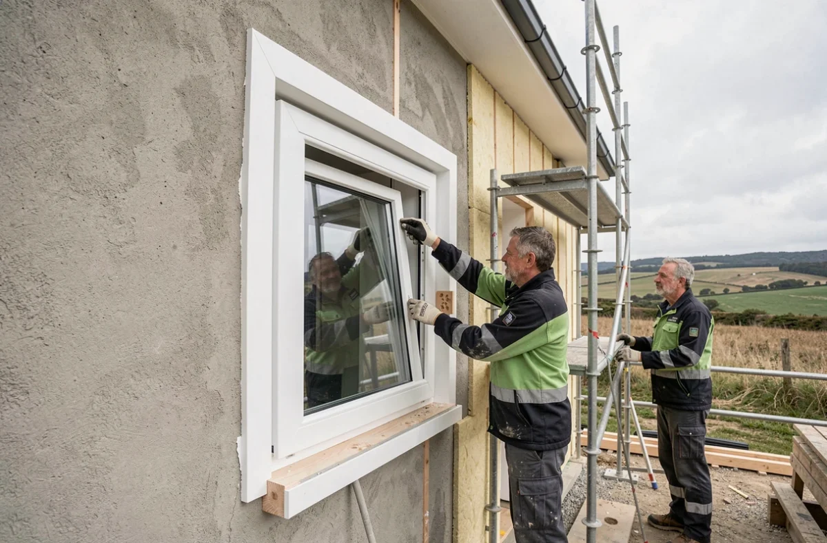 Deux artisans d'AJ Rénovation posant une fenêtre PVC moderne sur une maison bretonne en cours de rénovation