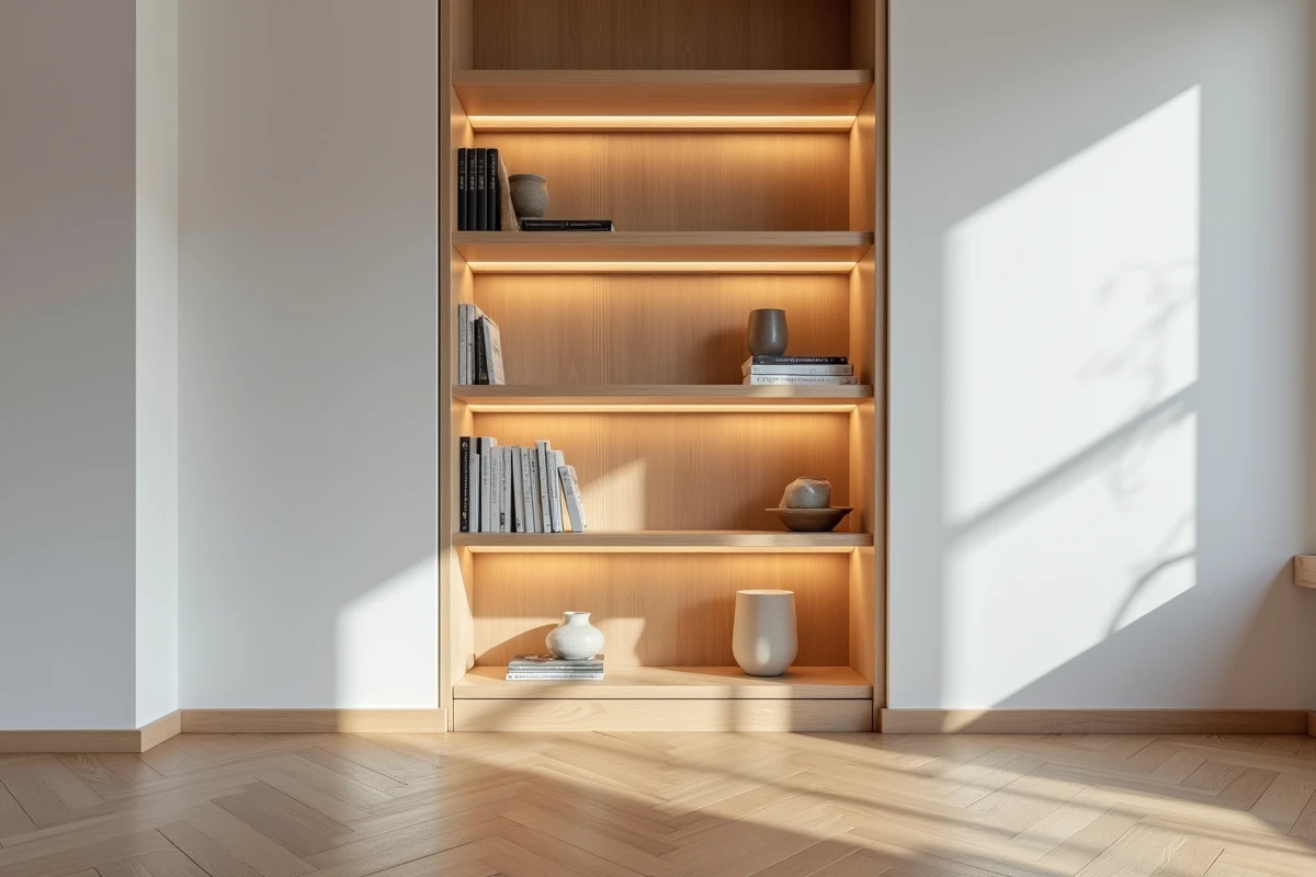 Alcôve de bibliothèque avec cornières LED en aluminium formant des angles nets et une lumière continue dans un salon scandinave