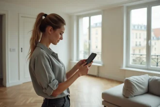 Femme utilisant une application de décoration sur smartphone pour visualiser un canapé en réalité augmentée dans son salon parisien