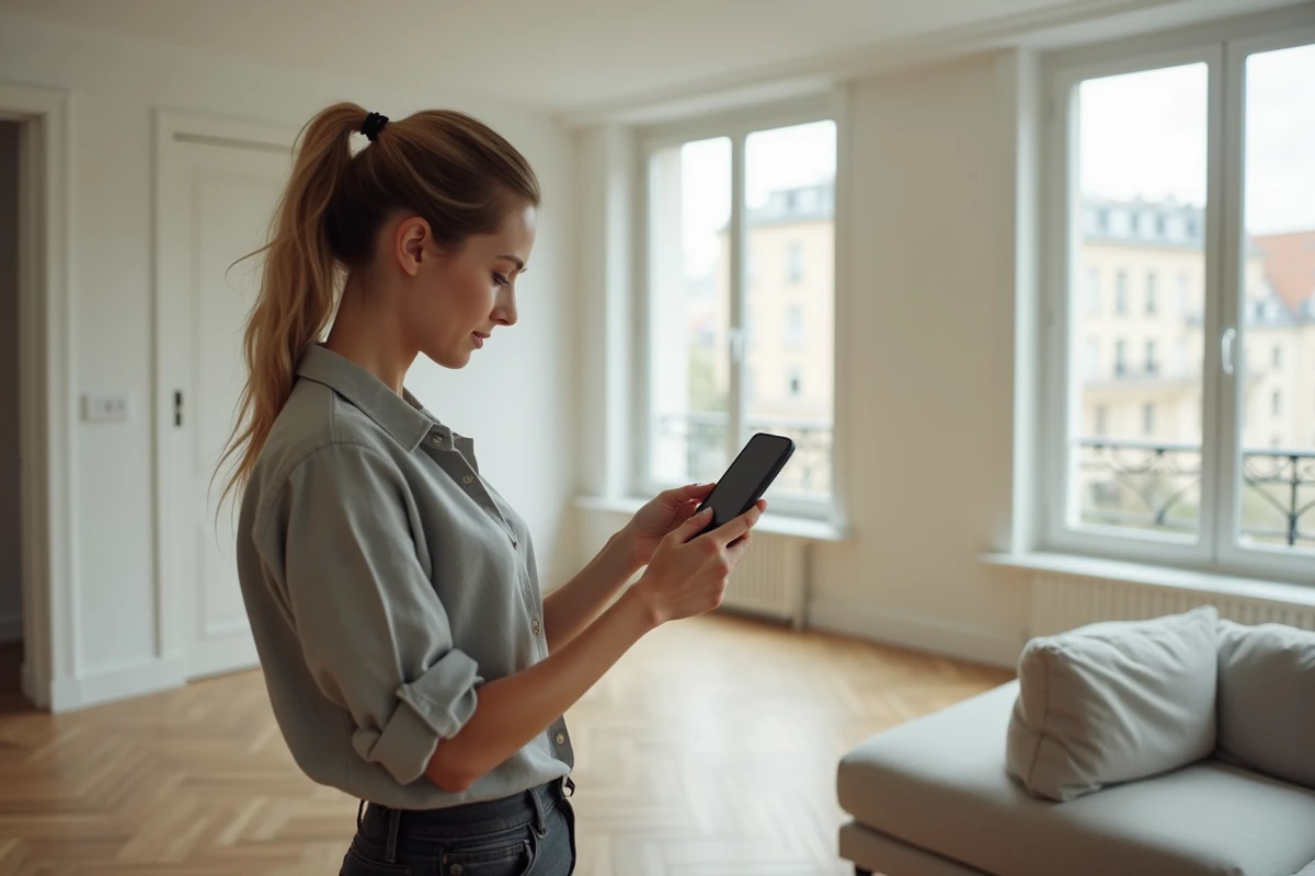 Femme utilisant une application de décoration sur smartphone pour visualiser un canapé en réalité augmentée dans son salon parisien