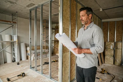 Architecte examinant une cloison demi-stile en métal avec isolation thermique dans un appartement en rénovation