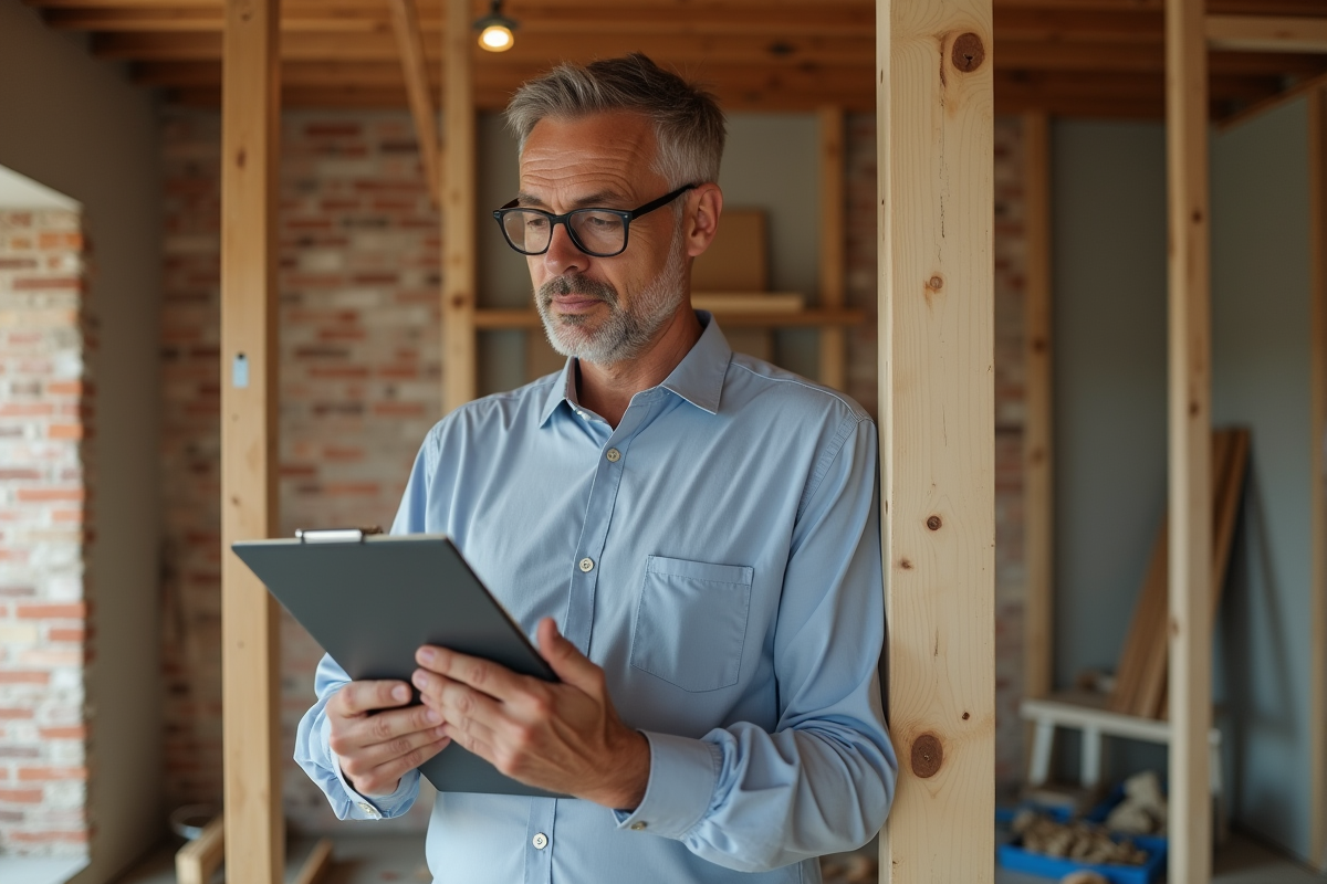 Architecte inspectant une poutre en bois dans une maison en rénovation