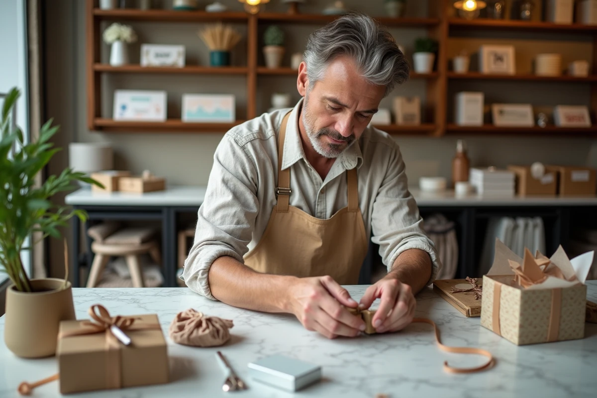 Homme artisan pliant un pouch en papier dans une boutique chaleureuse