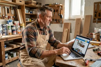 Artisan dans son atelier consultant le site Artisanat-FAQ.fr sur un ordinateur portable pour des conseils travaux