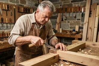 Artisan menuisier taillant une mortaise à la main dans un bloc de chêne avec un ciseau à bois et un maillet en bois dans un atelier traditionnel