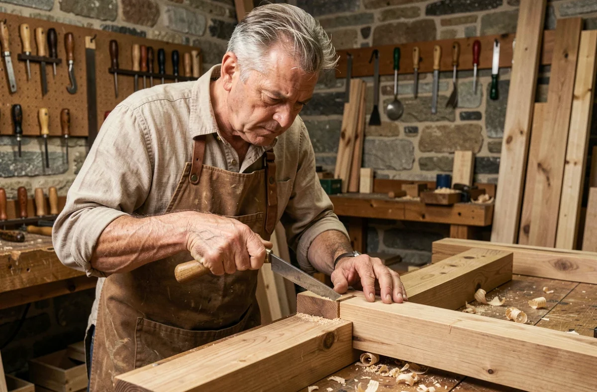 Artisan menuisier taillant une mortaise à la main dans un bloc de chêne avec un ciseau à bois et un maillet en bois dans un atelier traditionnel
