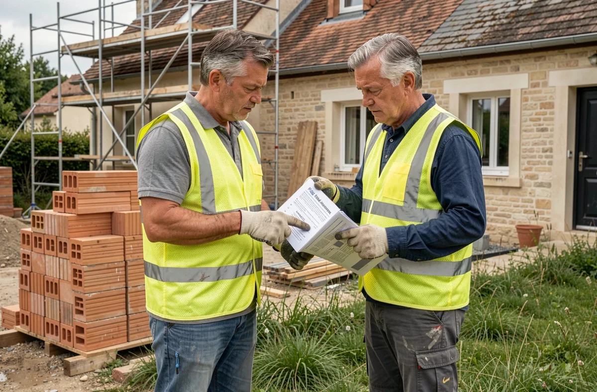 Deux artisans sur un chantier résidentiel examinant ensemble un document FAQ sur les services de rénovation