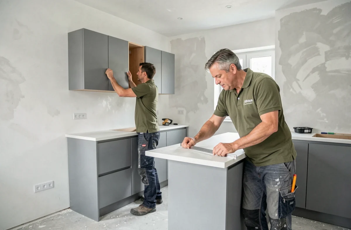 Deux artisans d'Artisans Plus installant des meubles de cuisine dans une maison neuve