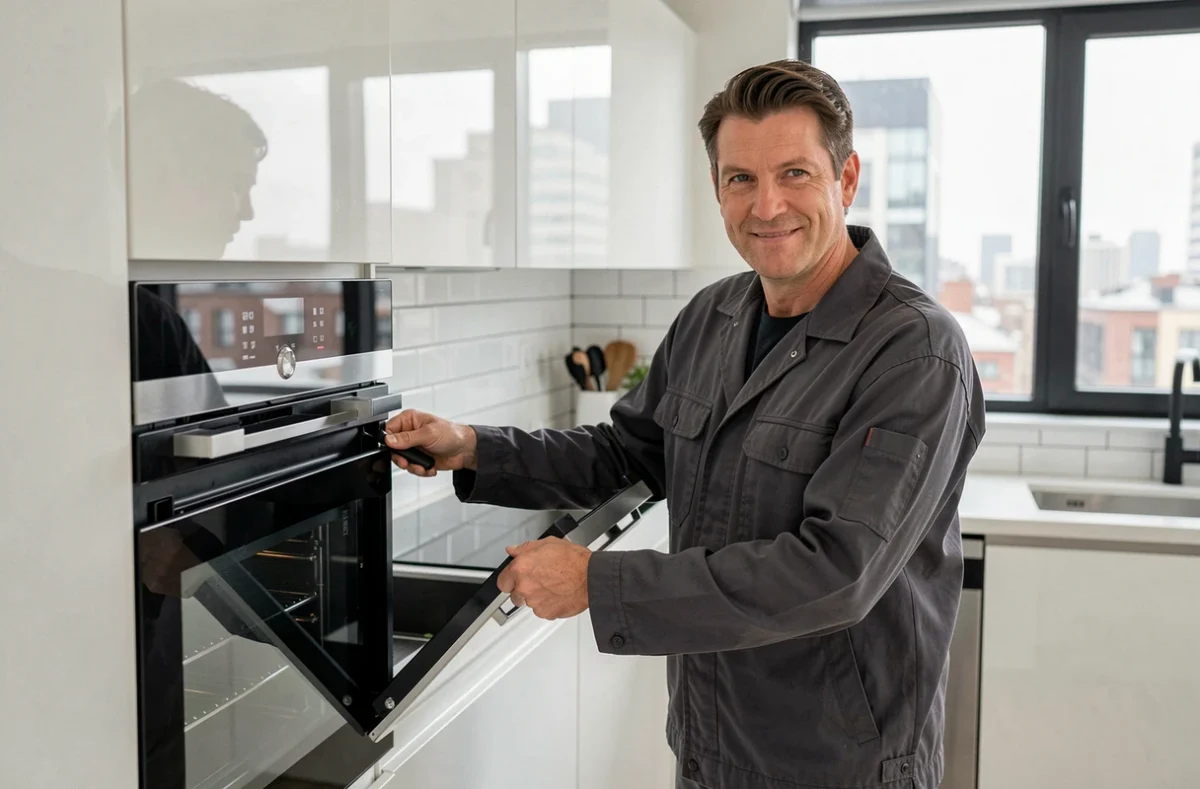 Technicien A.S.C.S installant un four encastrable dans une cuisine moderne aux meubles blancs