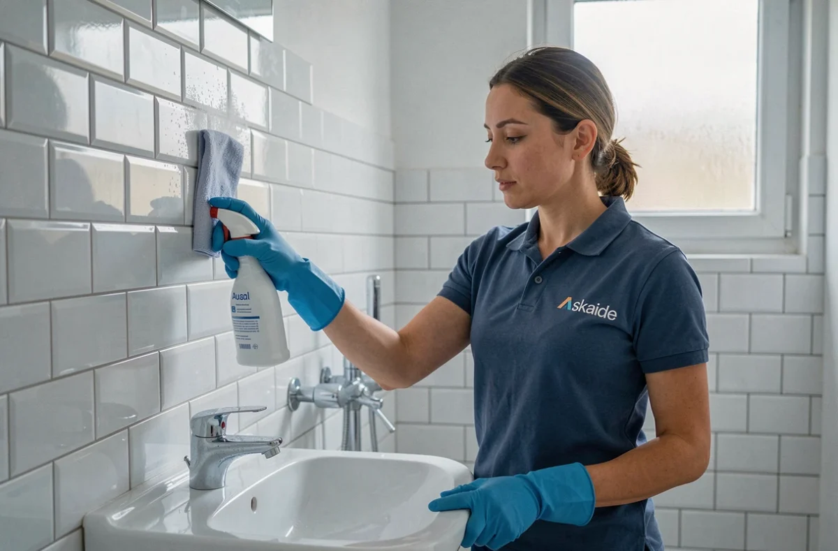 Intervenante Askaide Marseille récurant les carreaux d'une salle de bain avec des gants bleus