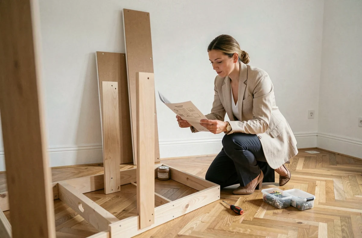 Designer d'intérieur assemblant un kit dressing modulable dans un appartement en location meublée, avec panneaux et quincaillerie au sol