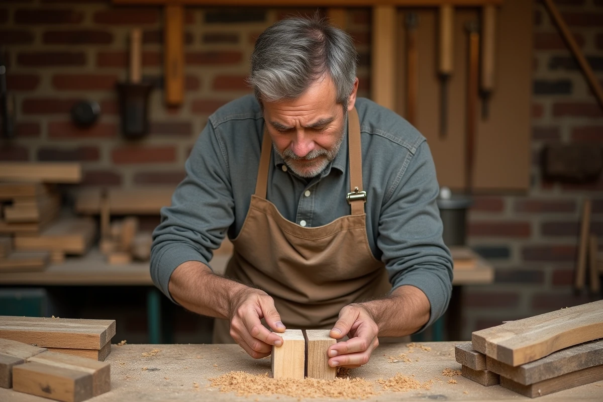 Menuisier expérimenté ajustant un assemblage tenon et mortaise sur un établi d'atelier en bois