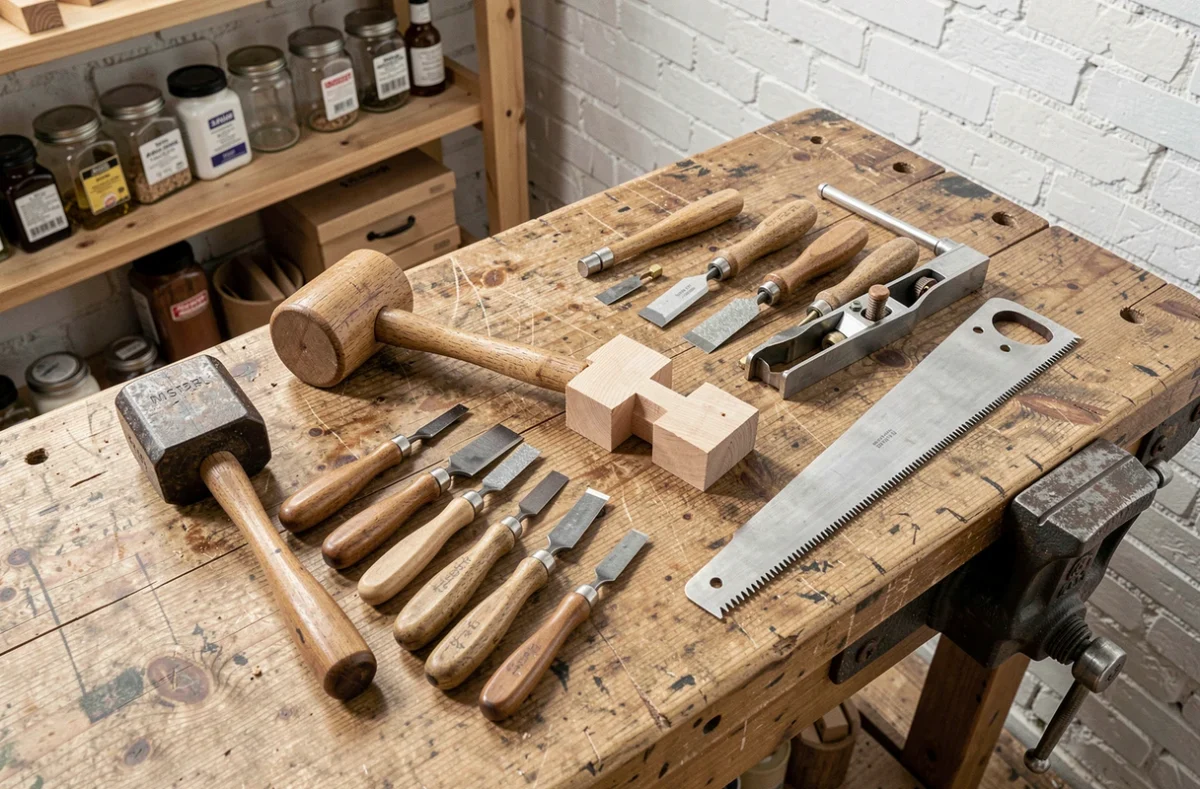 Vue de dessus d'un assemblage tenon mortaise en bois de chêne entouré d'outils de menuiserie traditionnels sur un établi d'atelier