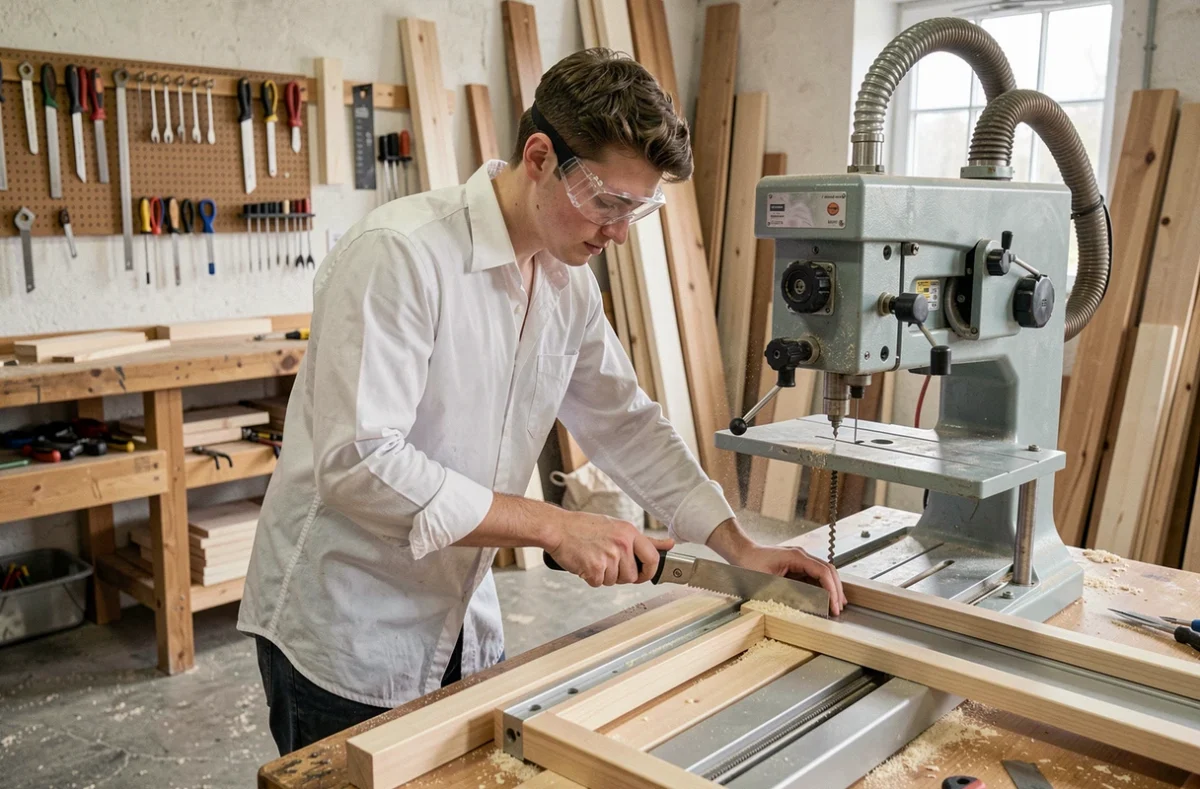 Jeune artisan de l'Atelier De Lambe découpant un composant de fenêtre sur mesure dans un atelier de menuiserie du Finistère
