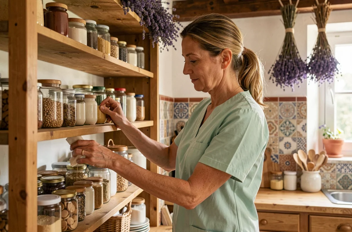 Professionnelle Azaé Marseille organisant les étagères d'une cuisine provençale