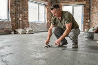 Artisan appliquant une finition sur un béton brut sol prêt à décorer dans un chantier de rénovation intérieure