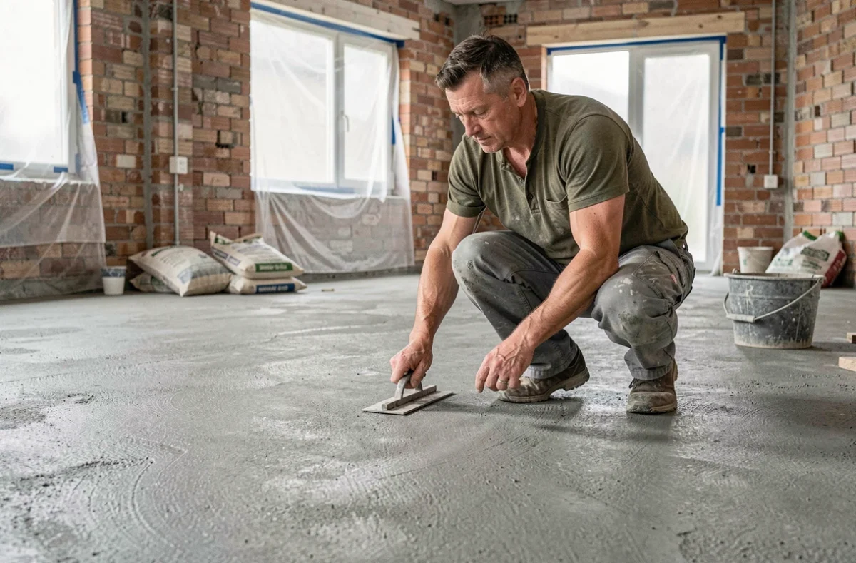 Artisan appliquant une finition sur un béton brut sol prêt à décorer dans un chantier de rénovation intérieure