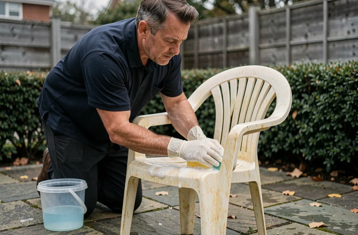 Homme nettoyant une chaise en plastique jauni avec de la javel dans un jardin
