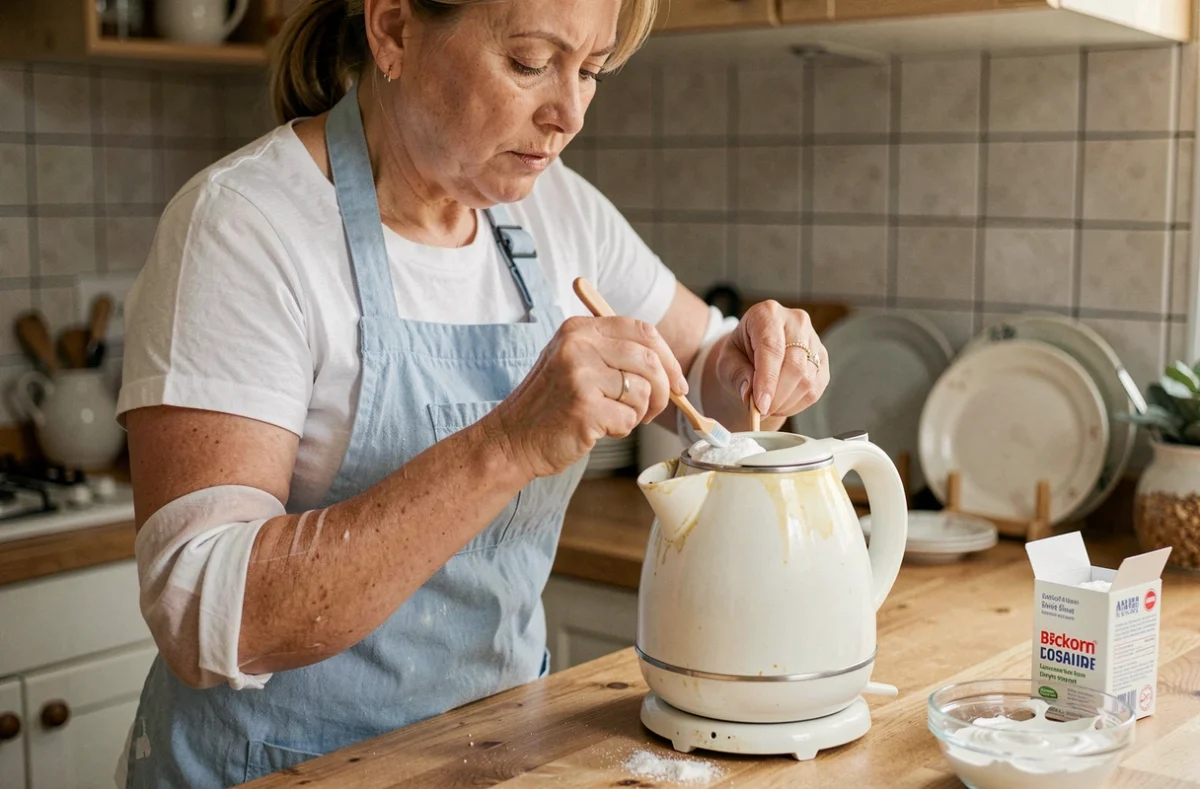 Femme appliquant une pâte de bicarbonate de soude sur un plastique jauni dans une cuisine domestique