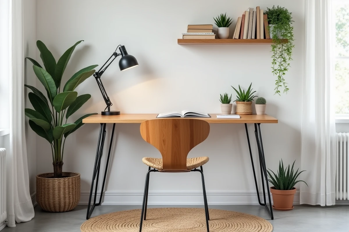 Bureau scandinave en bouleau avec chaise en bois et étagères flottantes dans un espace de travail à domicile minimaliste
