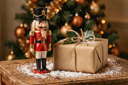 Casse-noisette en bois habillé en soldat posé à côté d'un coffret cadeau de Noël emballé avec du papier kraft et du houx