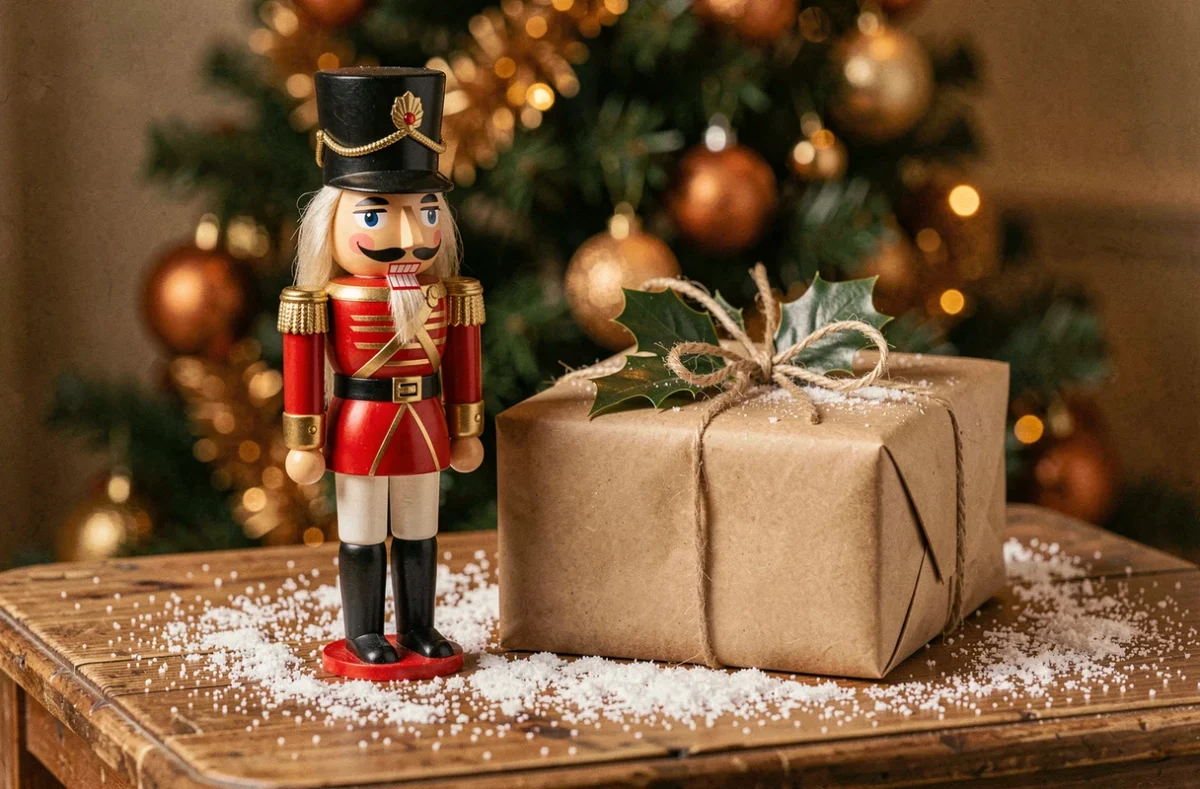 Casse-noisette en bois habillé en soldat posé à côté d'un coffret cadeau de Noël emballé avec du papier kraft et du houx