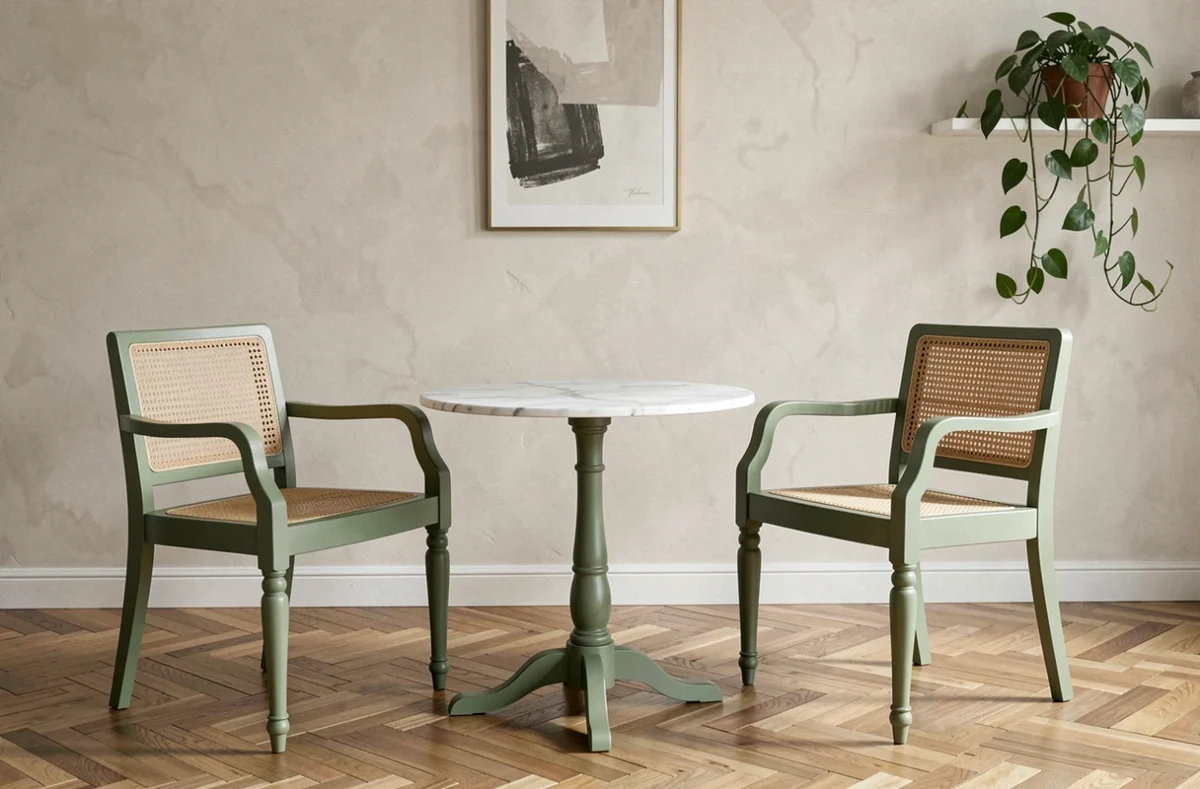 Chaises paillées relookées en vert sauge autour d'une table en marbre dans un appartement parisien moderne