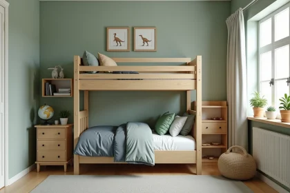 Chambre garçon apaisante avec murs vert sauge et literie bleu marine, palette de couleurs harmonieuse pour éviter la fatigue visuelle