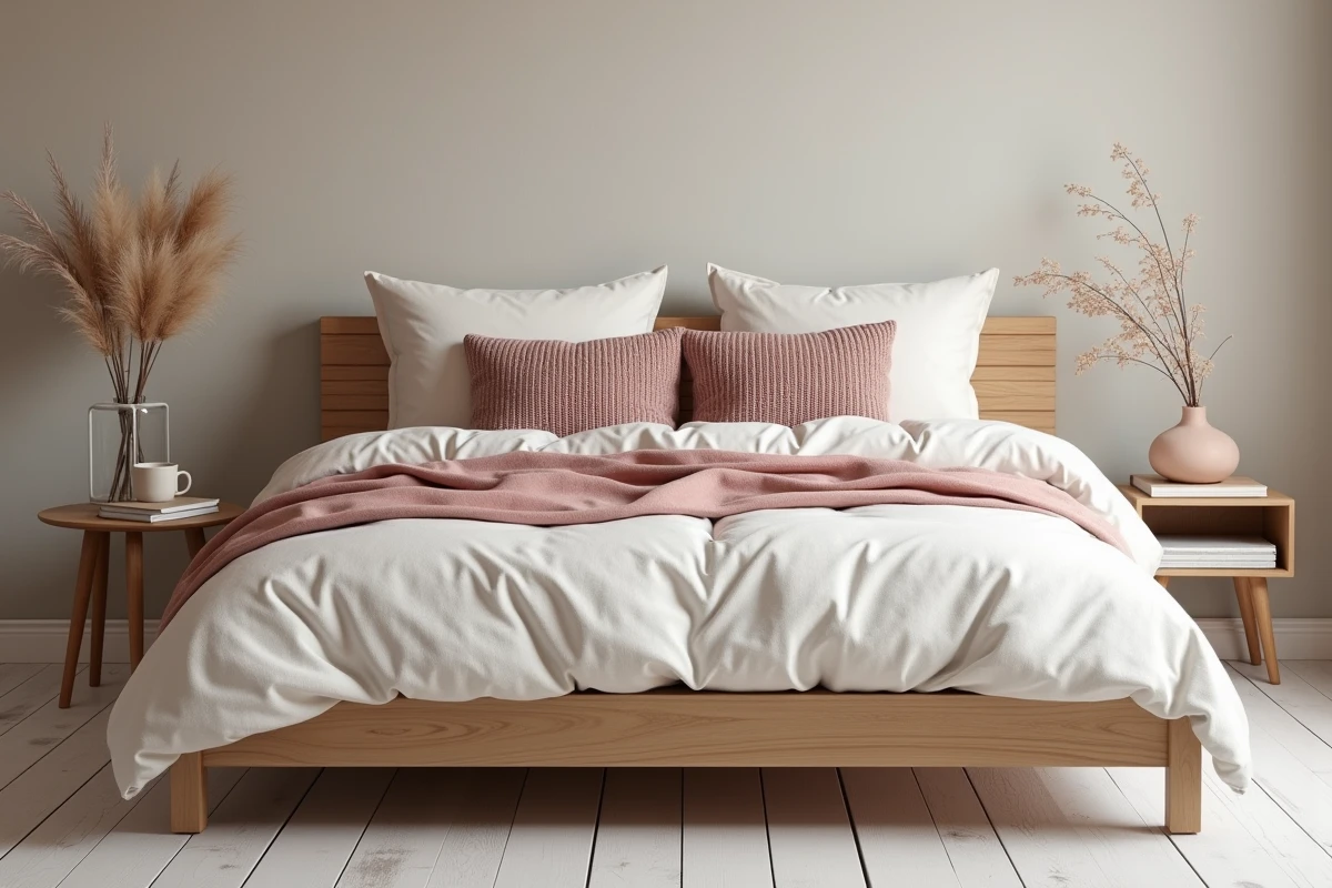 Chambre scandinave avec lit bas en chêne clair, linge de lit en lin et table de chevet minimaliste en bois naturel