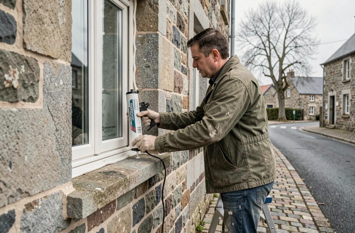 Artisan indépendant Chapalain Ronan scellant le pourtour d'une fenêtre double vitrage sur une maison en granit breton