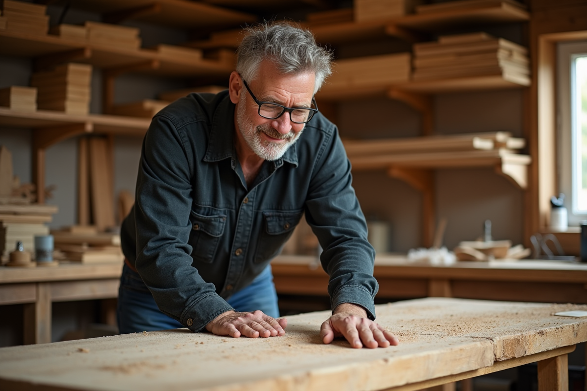 Charpentier homme touchant un bois de chêne neuf dans son atelier