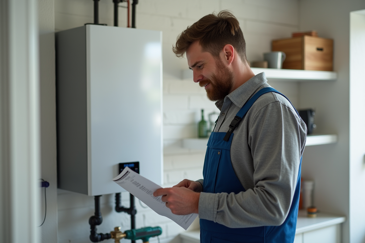 Homme en travail examinant une chaudière murale moderne