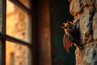 Chauve-souris accrochée au mur intérieur d'une vieille maison rustique, symbolisant transformation et présage intérieur