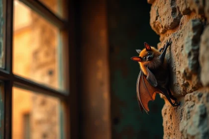 Chauve-souris accrochée au mur intérieur d'une vieille maison rustique, symbolisant transformation et présage intérieur