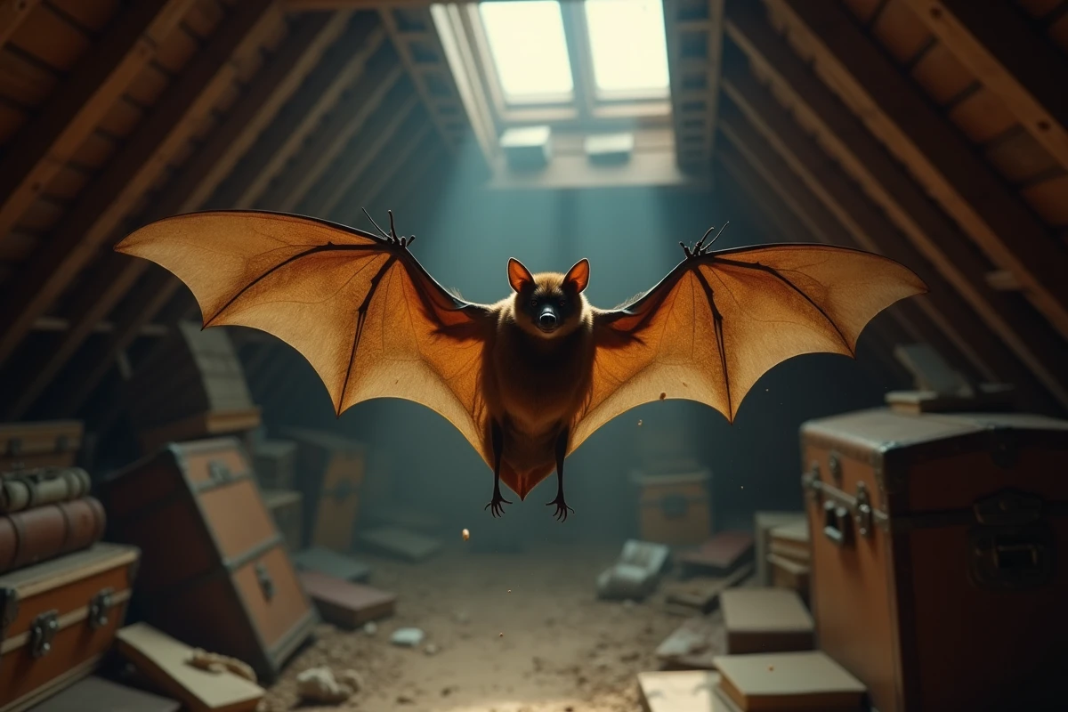 Chauve-souris en plein vol dans un grenier ancien avec poutres apparentes et malles en cuir, symbole de transformation intérieure