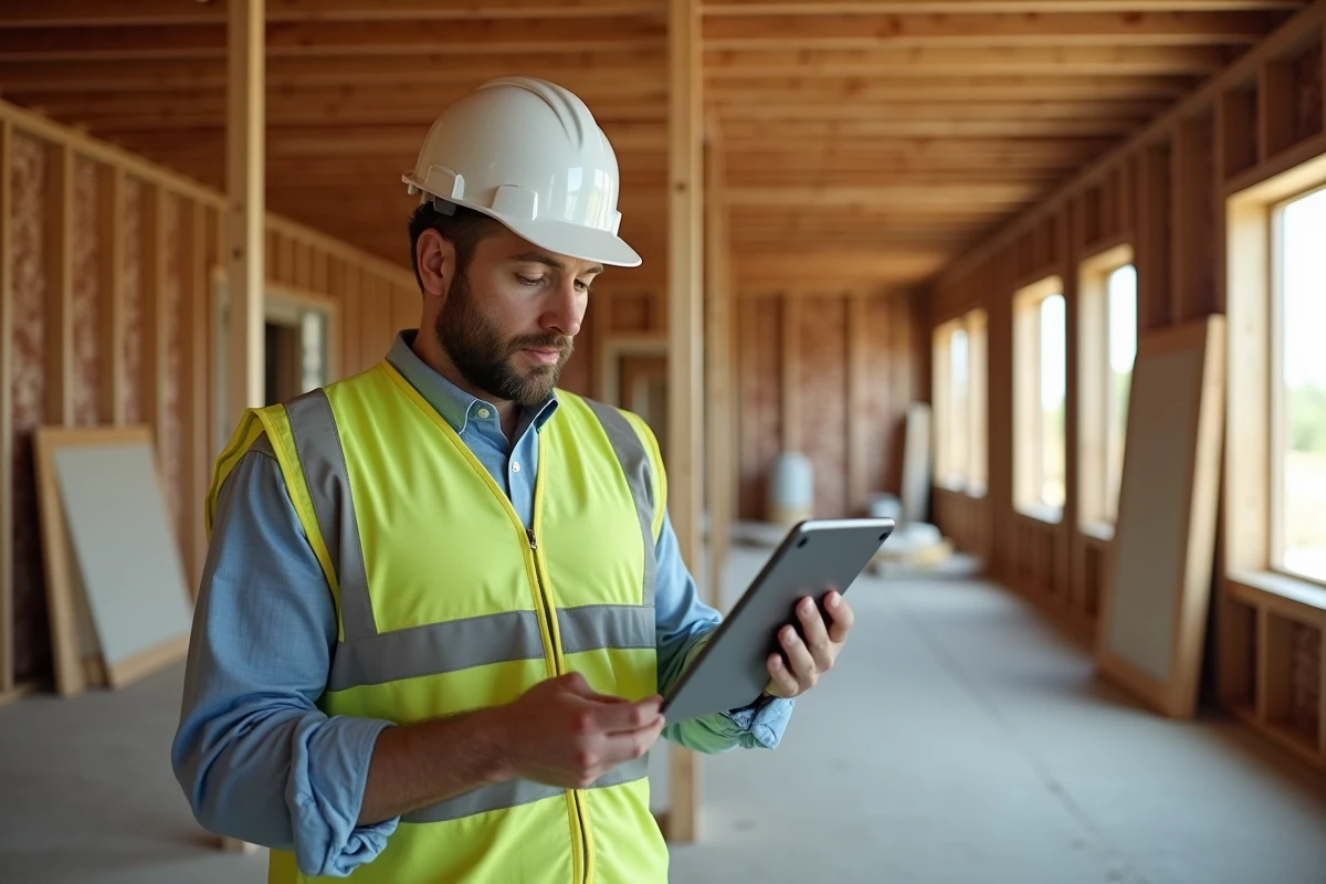 Chef de chantier vérifiant une tablette dans maison en construction