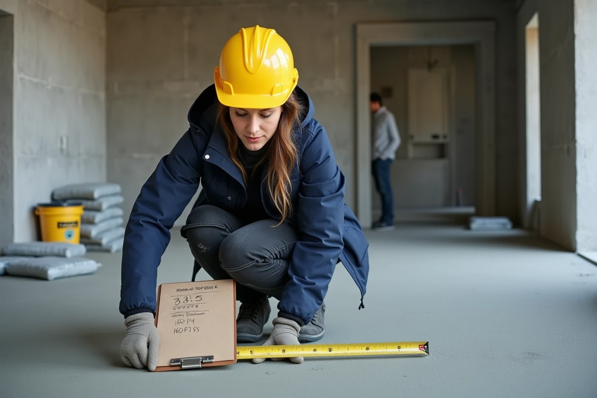 Cheffe de chantier vérifiant le dosage et l'épaisseur d'une chape maigre au ciment 32,5 sur un sol