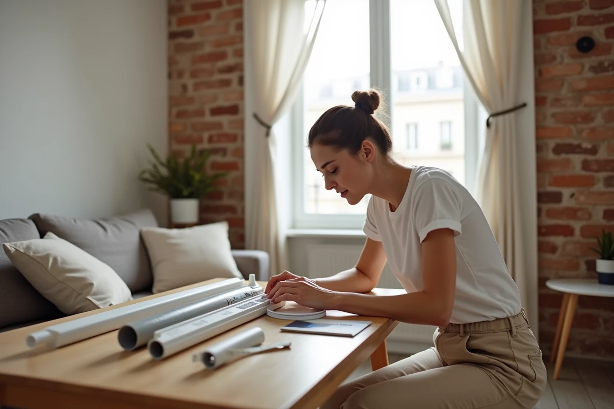Femme comparant des modèles de goulottes électriques pour choisir la bonne taille dans un petit appartement