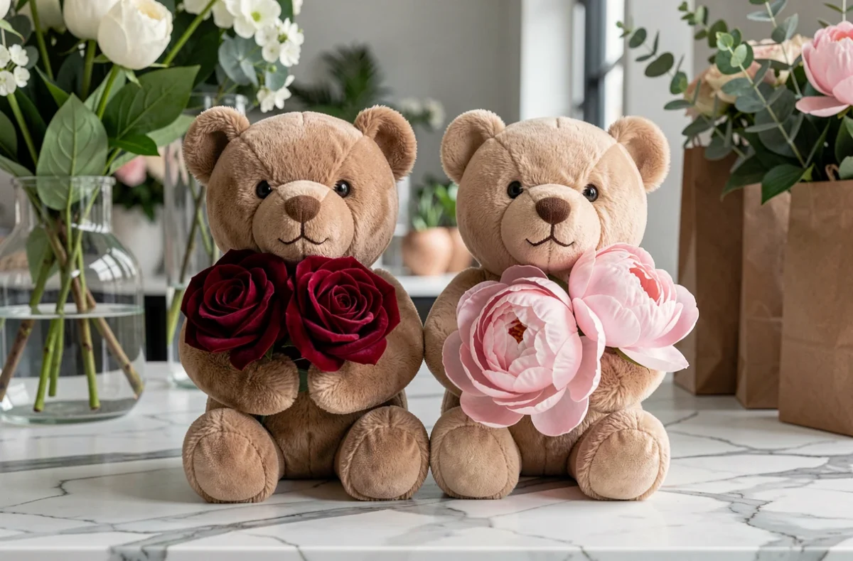 Deux oursons en peluche côte à côte dans une boutique de fleurs, l'un avec des roses rouges et l'autre avec des pivoines rose poudré, illustrant deux messages émotionnels distincts