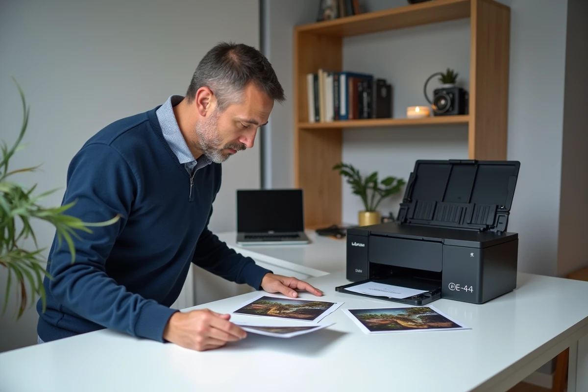 Homme comparant deux tirages photo imprimés sur un bureau avec une imprimante photo professionnelle ouverte à côté