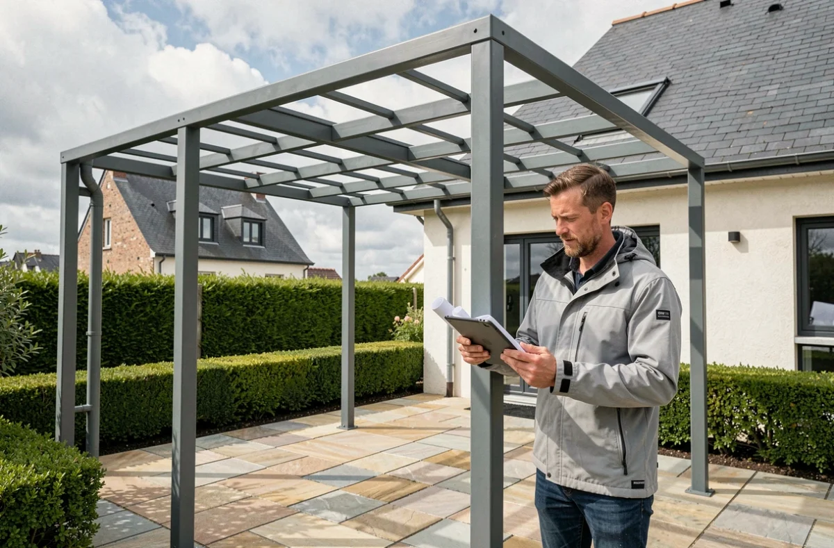 Spécialiste de Concept Stores et Pergolas inspectant une pergola moderne installée dans un jardin résidentiel breton