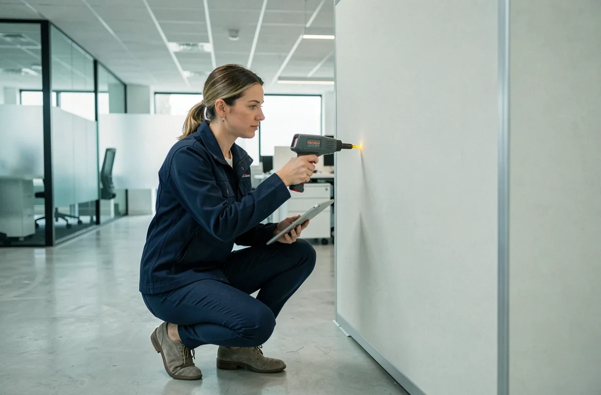 Consultante en performance énergétique mesurant l'efficacité thermique d'une cloison demi-stile dans un bureau moderne
