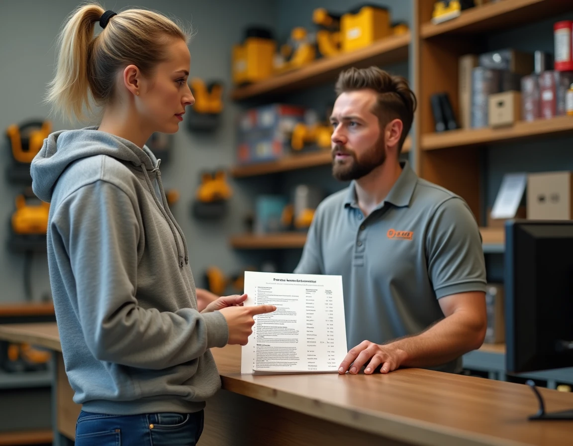 Femme examinant un contrat de location de matériel de travaux au comptoir d'une agence de location, discutant des frais supplémentaires avec un employé