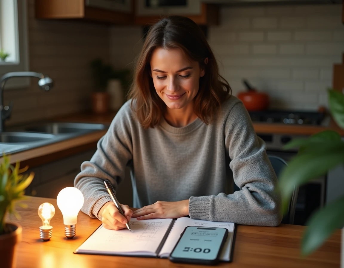 Femme calculant la conversion de 600 lumens en watts avec des ampoules LED et incandescentes posées sur une table en bois
