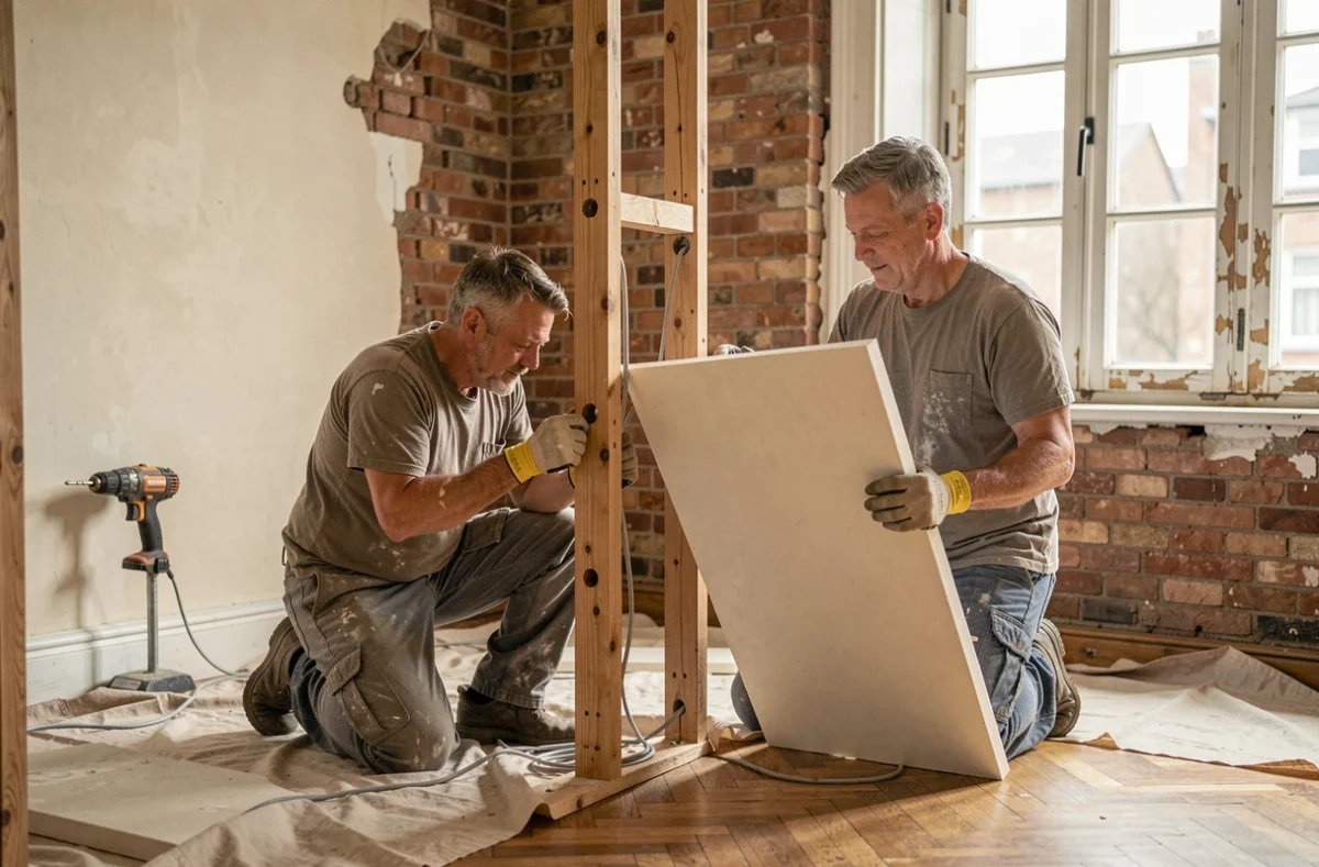 Deux ouvriers en rénovation coordonnant la pose des câbles électriques et des panneaux isolants rigides dans un appartement ancien