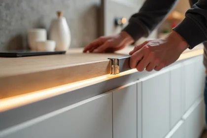 Cornière en aluminium pour LED installée dans un angle de cuisine moderne avec ruban LED intégré et diffuseur translucide