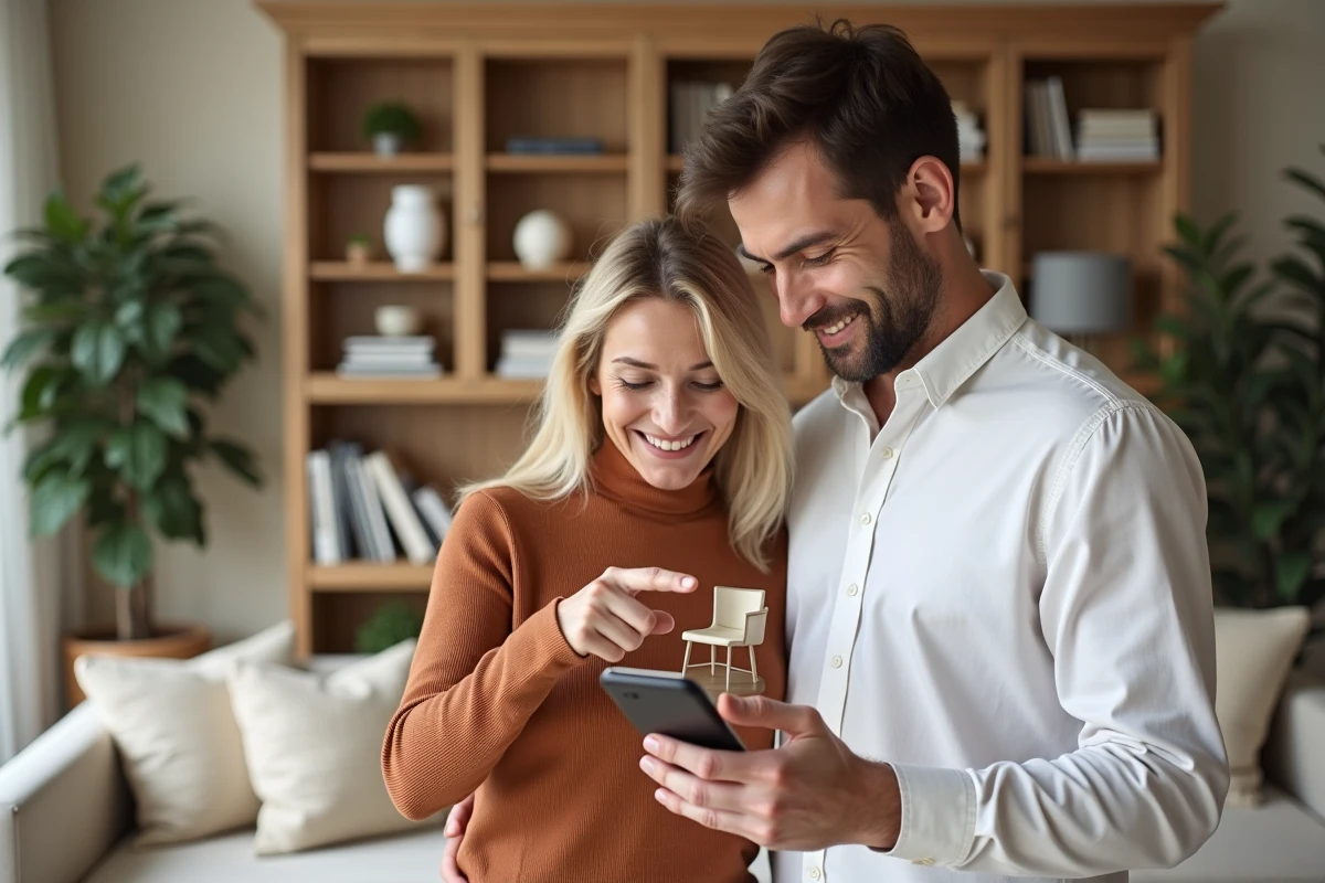 Couple utilisant une application de décoration intérieure sur smartphone pour visualiser un fauteuil virtuel dans leur salon scandinave