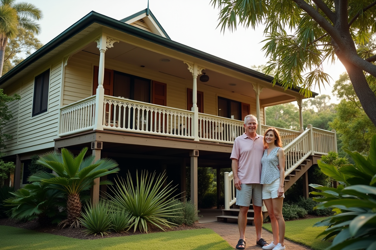 Couple australien sur la veranda d'une maison Queenslander à Brisbane