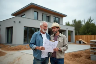 Couple devant maison en construction avec plans et matériaux